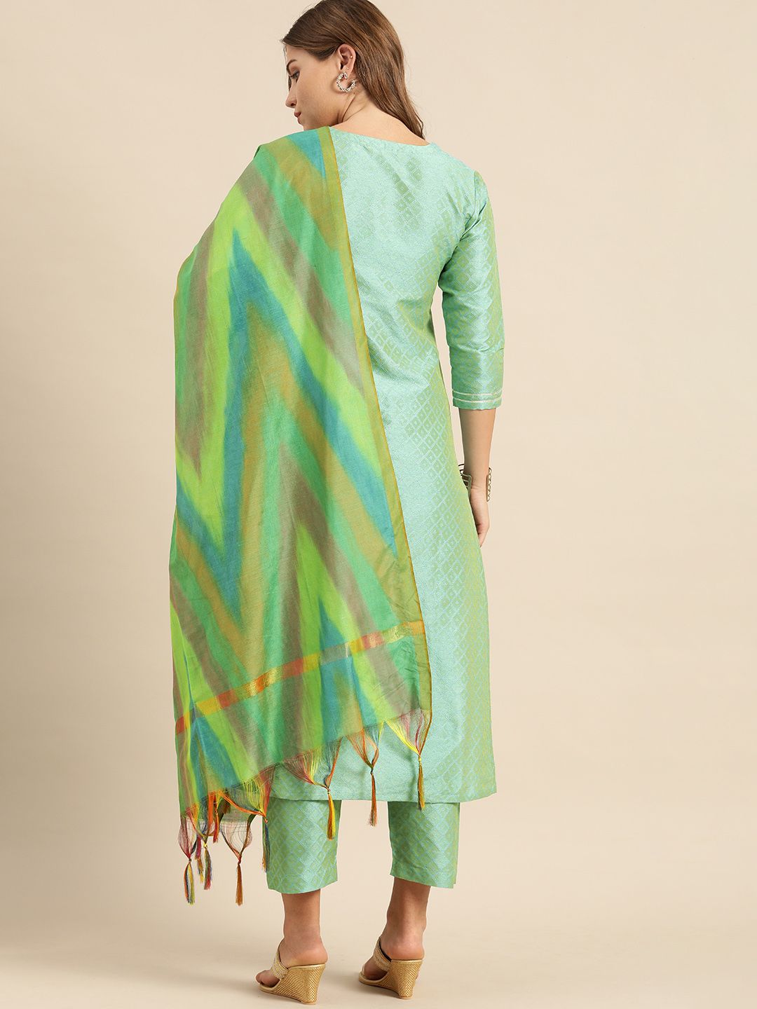 Dhiyona VA Women's Sea Green & Gold-Toned Embroidered Kurta with Trousers & Dupatta