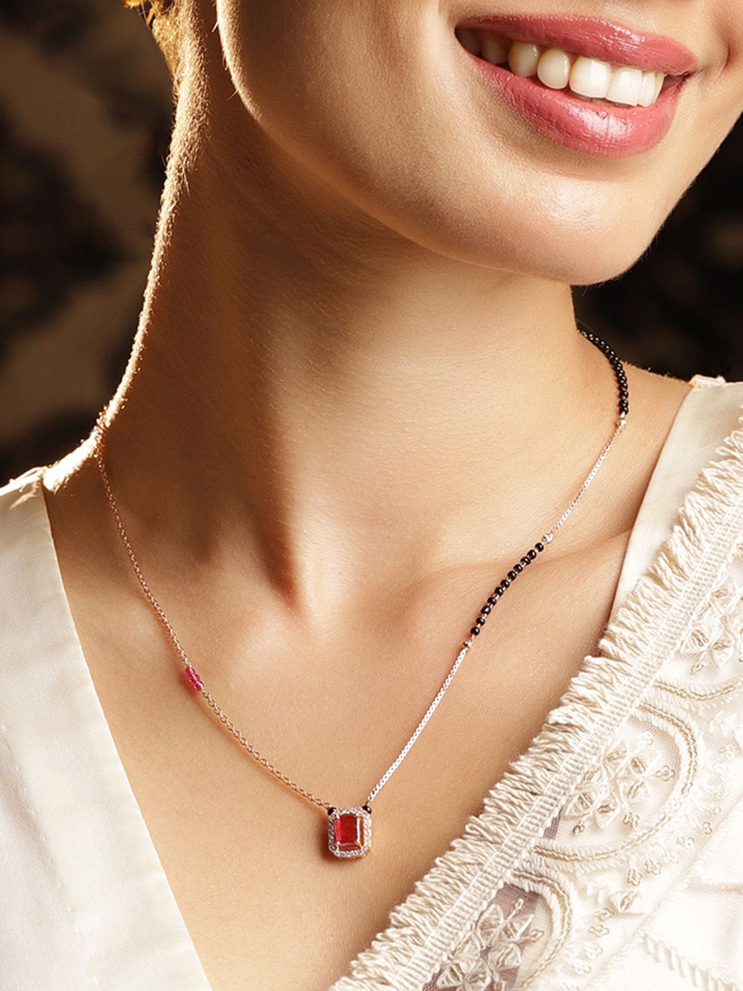 Dhiyona RJ Women's 18K Gold-Plated Ruby & Cubic Zirconia Studded Black and Gold Beaded Mangalsutra