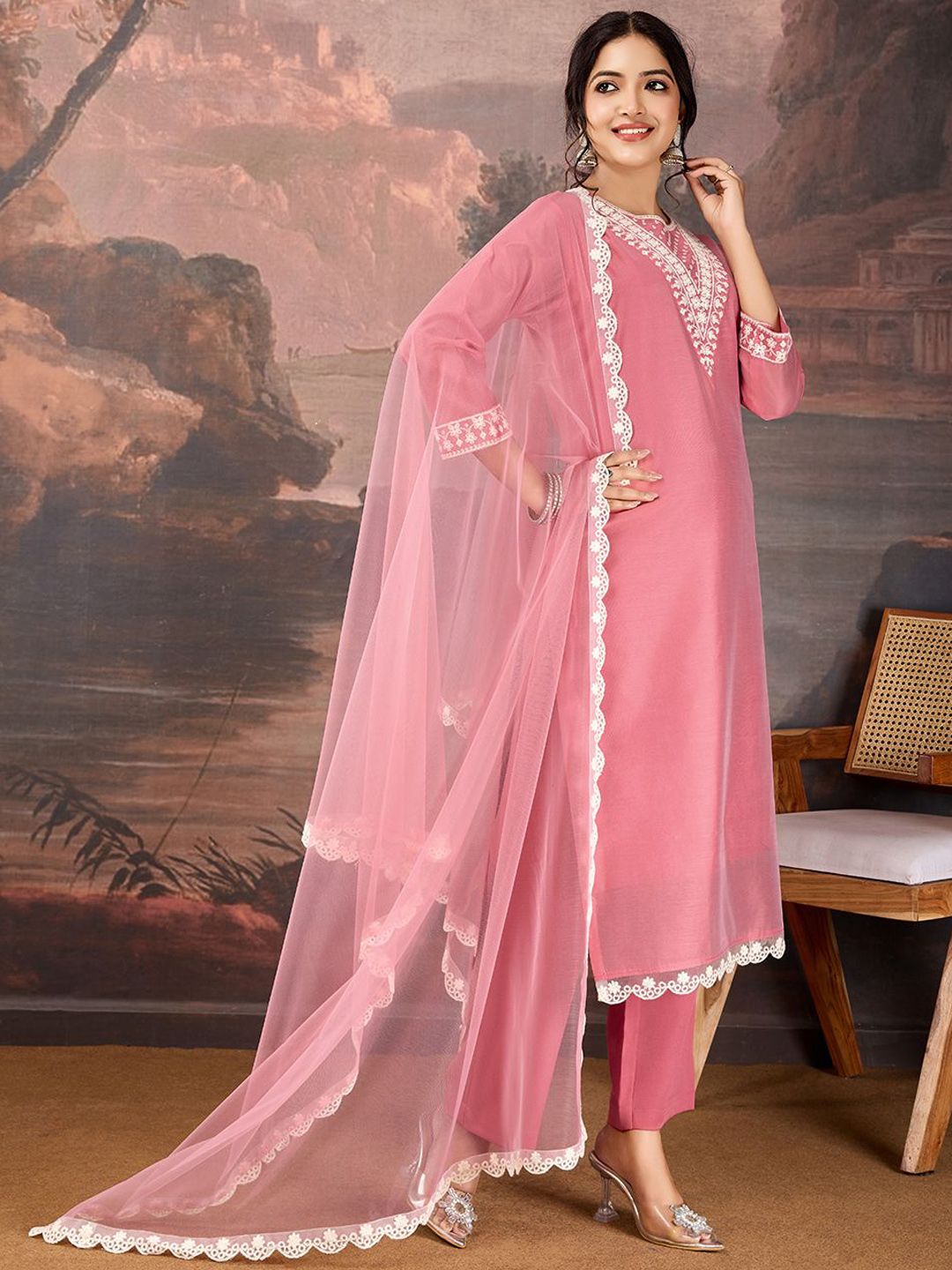 Dhiyona PD Women Floral Embroidered Chanderi Cotton Straight Kurta With Trousers & Dupatta