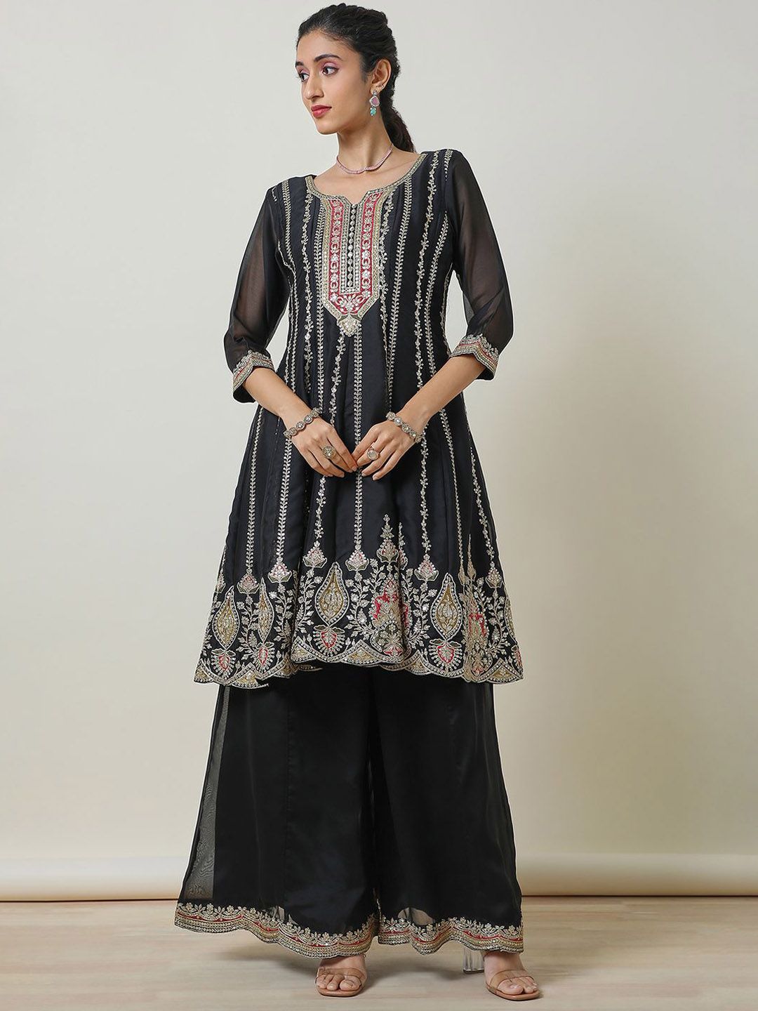 Dhiyona SO Women's Embroidered Sequinned Notch Neck Anarkali Kurta with Palazzos & Dupatta