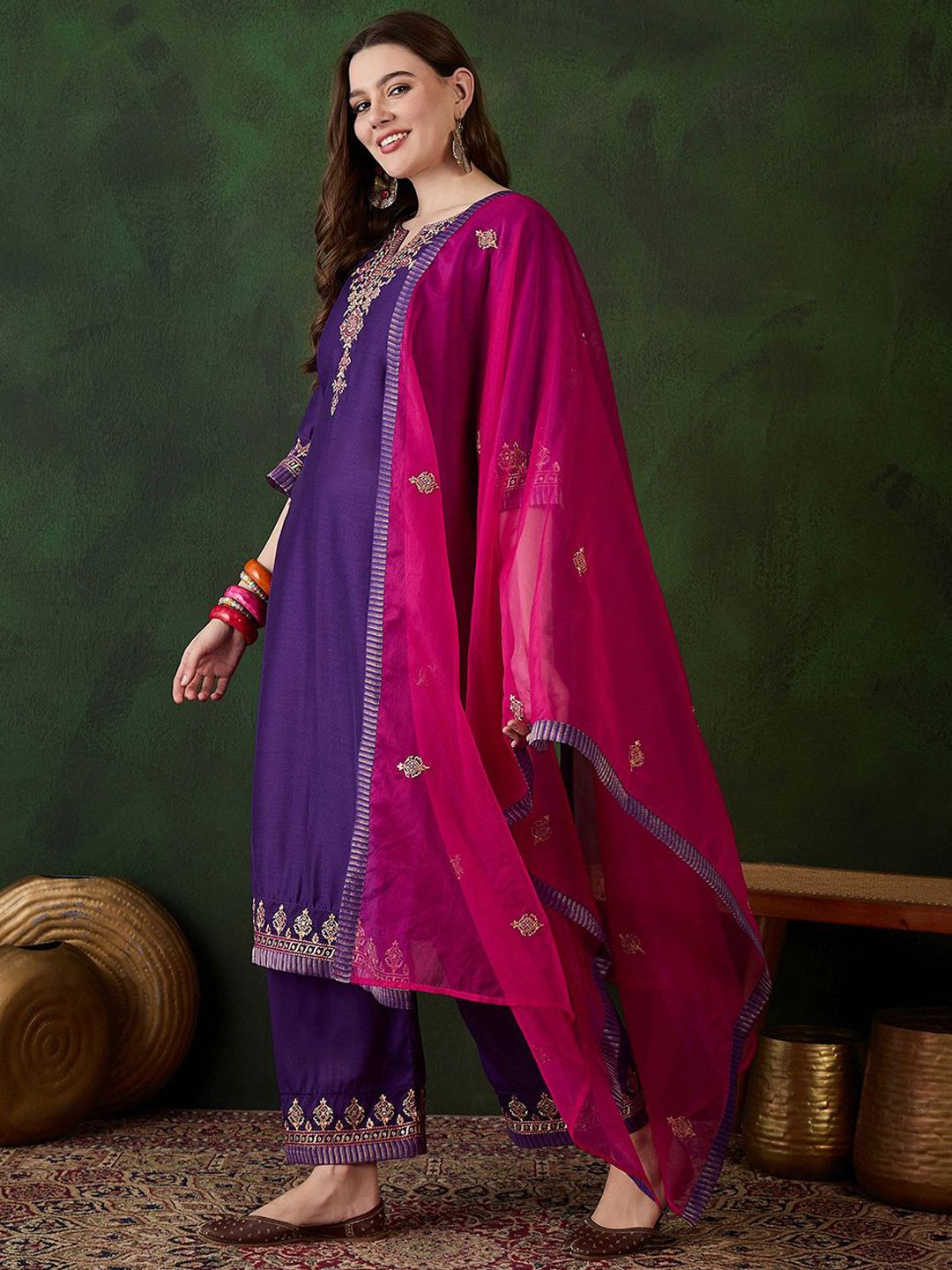 Dhiyona SN Women's Floral Yoke Design Notch Neck Sequinned Straight Kurta With Trousers & Dupatta