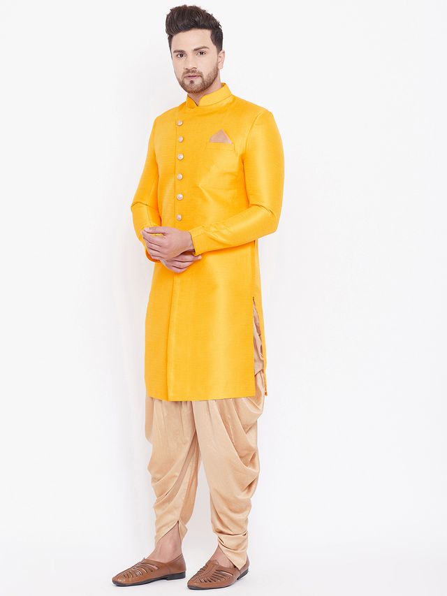 Men's Mustard Silk Blend Straight Sherwani Set