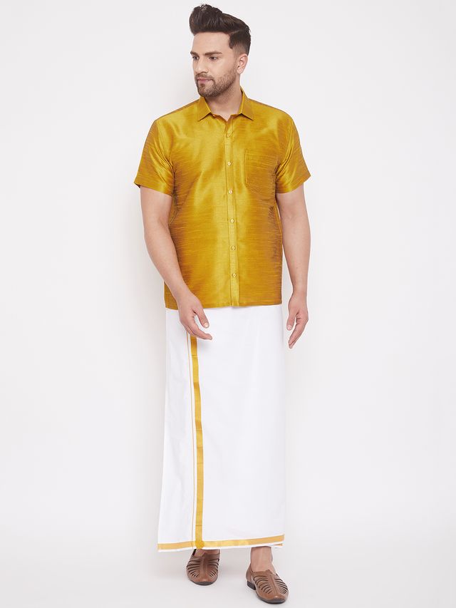 Men's Mustard Silk Blend Straight Shirt And Mundu