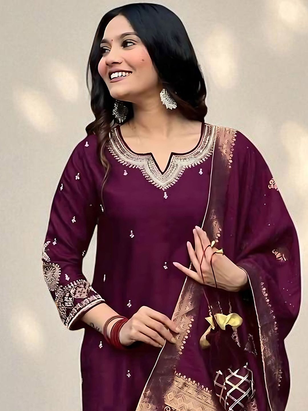 Dhiyona SN Women's Ethnic Motifs Embroidered Sequinned Straight Kurta & Pyjamas With Dupatta