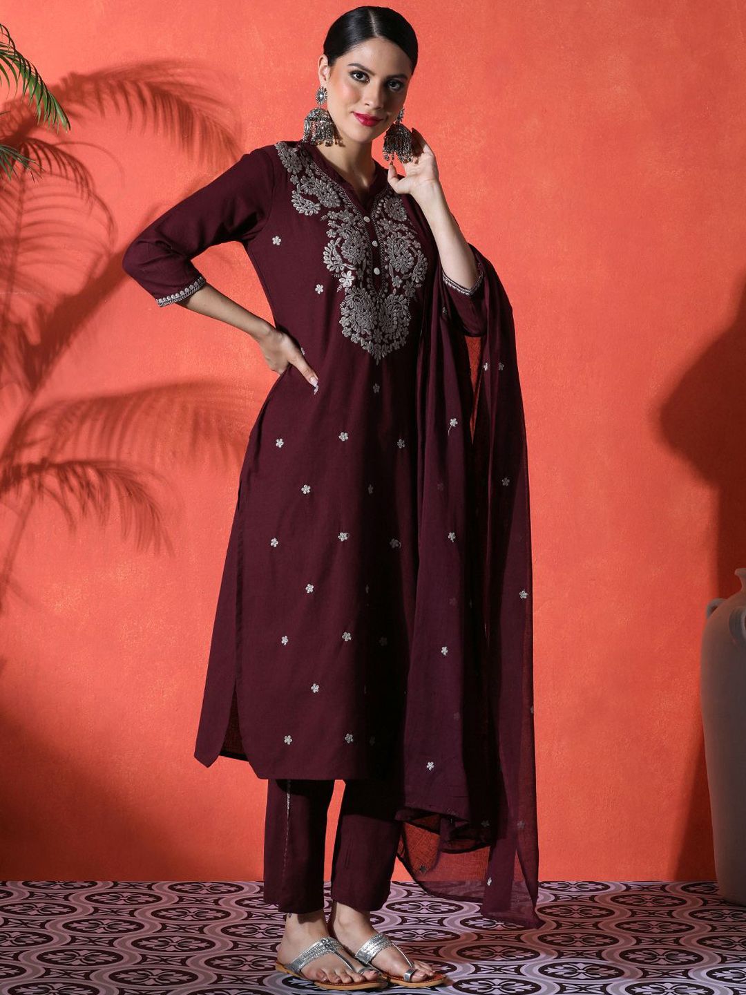 Dhiyona SN Women's Floral Embroidered Notch Neck A-Line Kurta & Trousers With Dupatta
