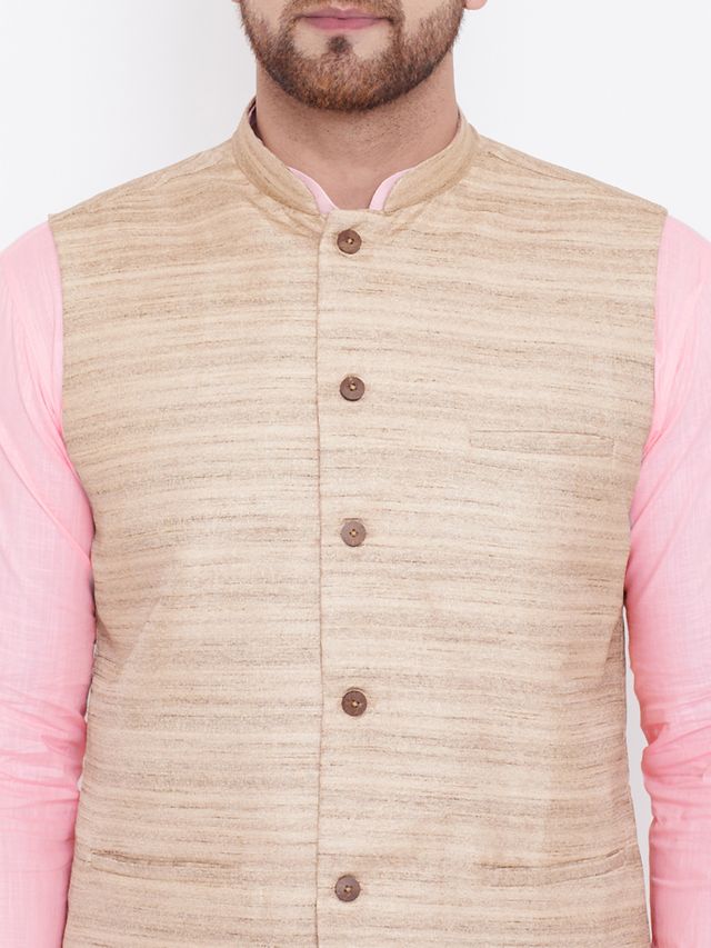 Men's Pink Cotton Blend Straight Jacket Kurta and Pyjama Set