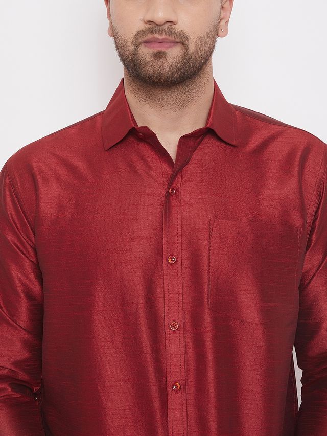 Men's Maroon Silk Blend Straight Shirt And Mundu