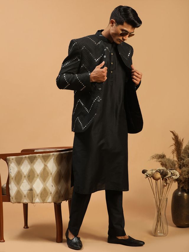 Men's Black Viscose Straight Jacket Kurta and Pyjama Set