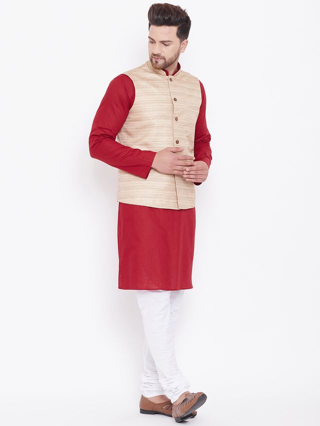 Men's Maroon Cotton Blend Straight Jacket Kurta and Pyjama Set