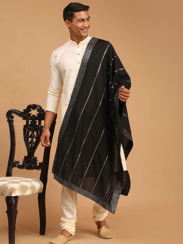 Men's Cream Viscose Straight Kurta Pyjama & Dupatta Set