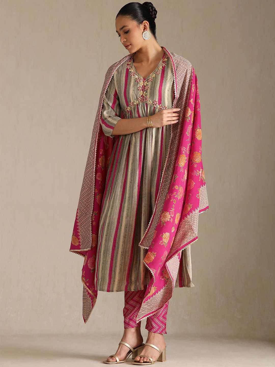 Dhiyona SO Women's Striped V-Neck Beads & Stones Empire Anarkali Kurta With Trousers & Dupatta