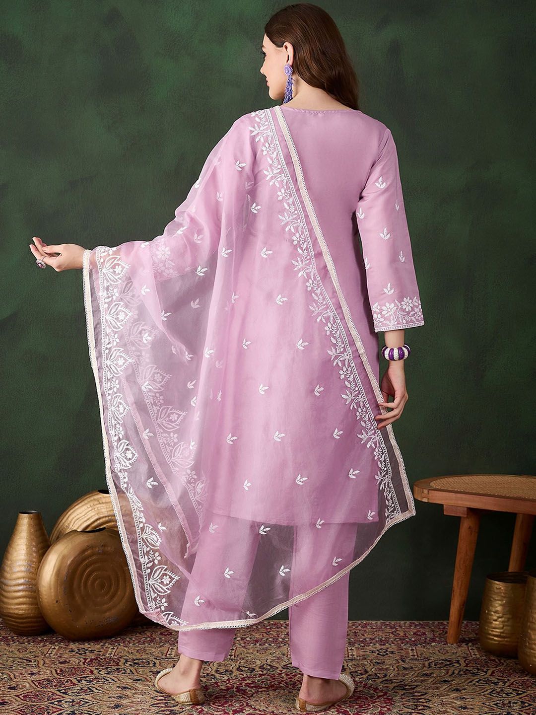 Dhiyona SN Women's Lavender Floral Embroidered Thread Work Cotton Kurta & Trouser With Dupatta