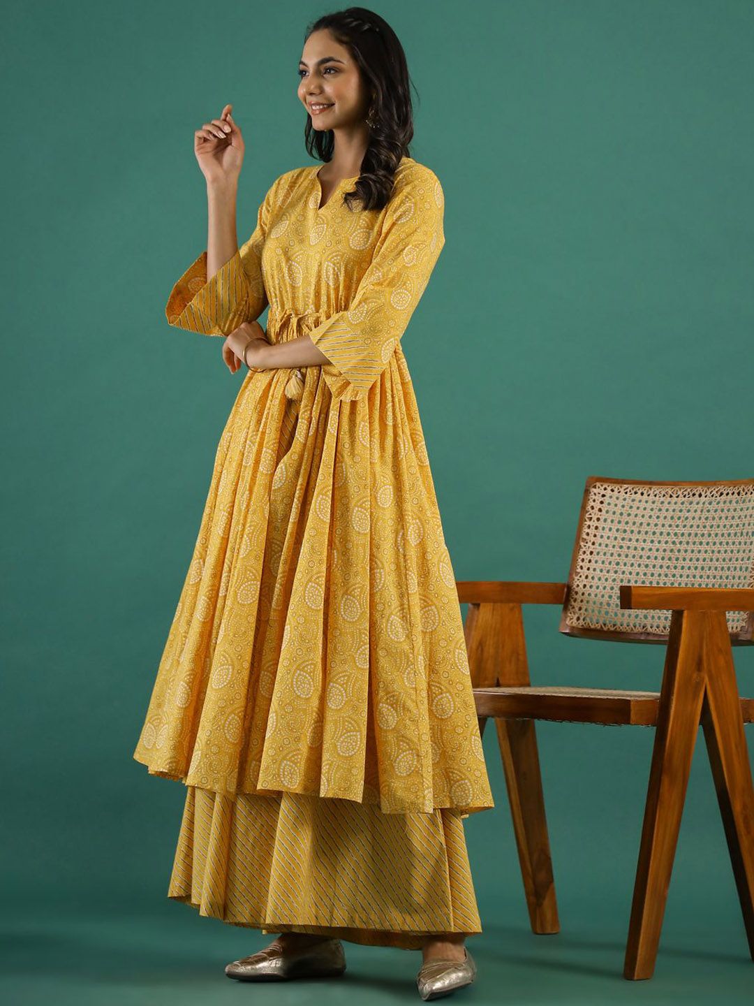 Dhiyona SN Women's Yellow Bandhani Printed Notch Neck Empire Anarkali Pure Cotton Kurta With Palazzos
