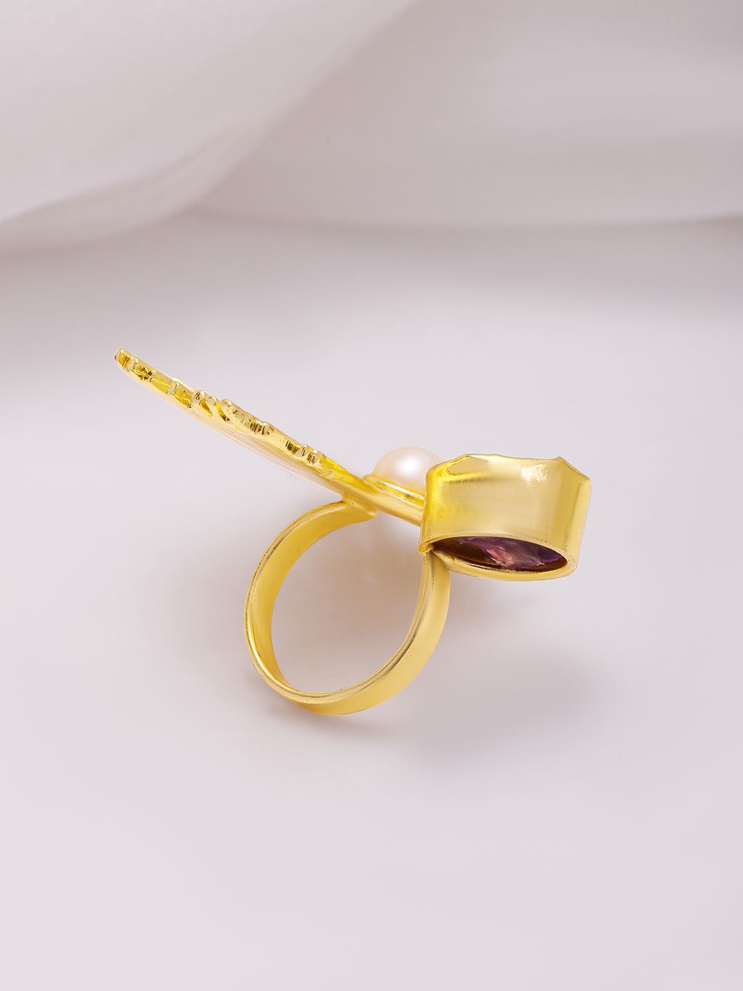 Dhiyona RJ Women's 18K Gold-Plated Abstract Sunburst Design Pearl & Amethyst Adjustable Finger Ring