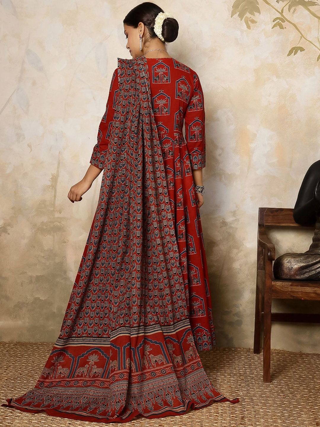 Dhiyona SN Women's Printed Pure Cotton Flared V-Neck Anarkali Kurta & Palazzo With Dupatta