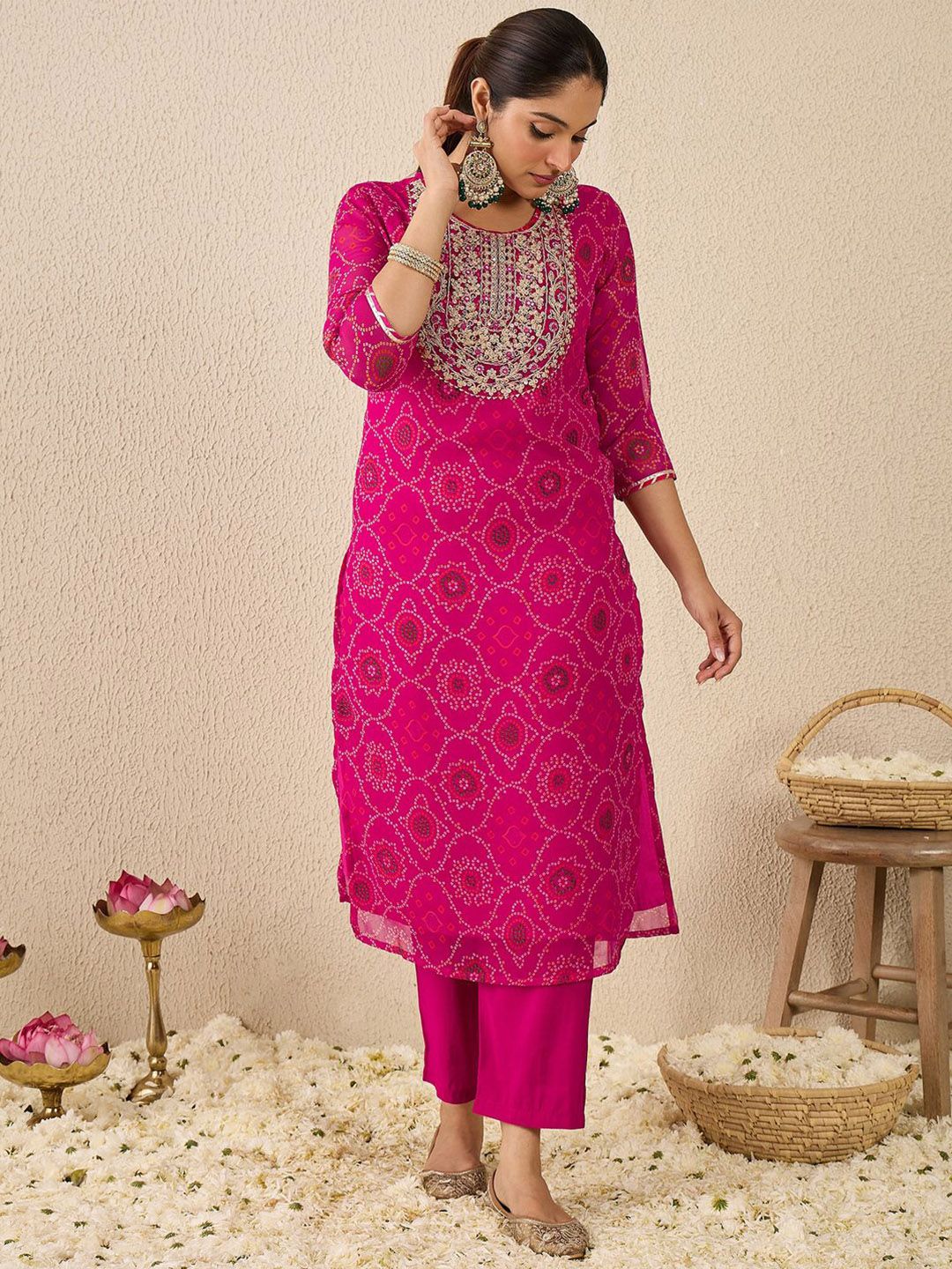 Dhiyona IE Women's Women Ethnic Motifs Printed Regular Thread Work Kurta with Trousers & Dupatta