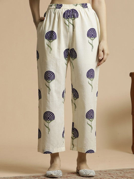 Women's Floral Printed Bell Sleeves Thread Work Pure Cotton A-Line Kurta With Palazzos