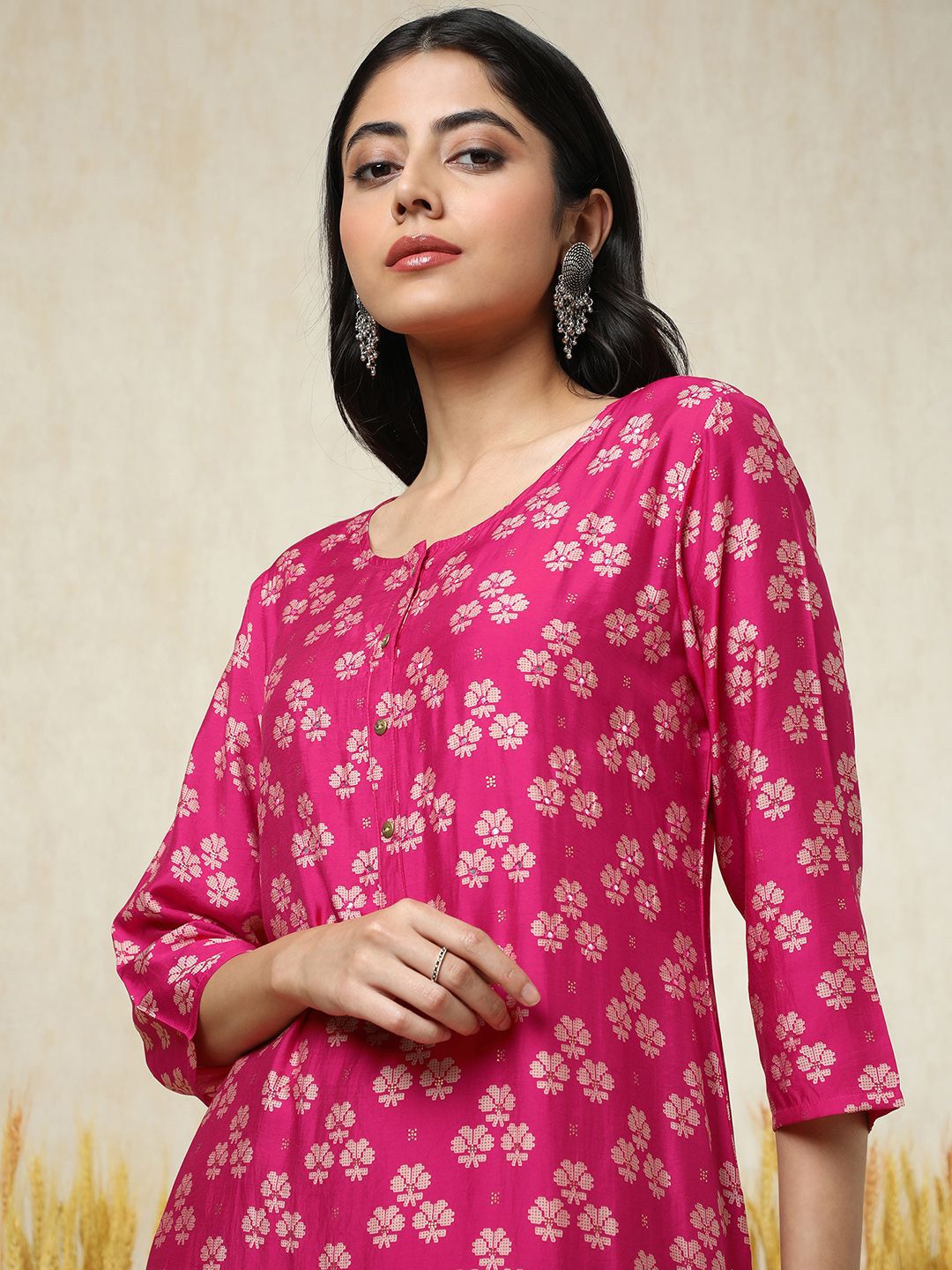 Dhiyona SO Women's Floral Printed Mirror Work Straight Kurta With Palazzos