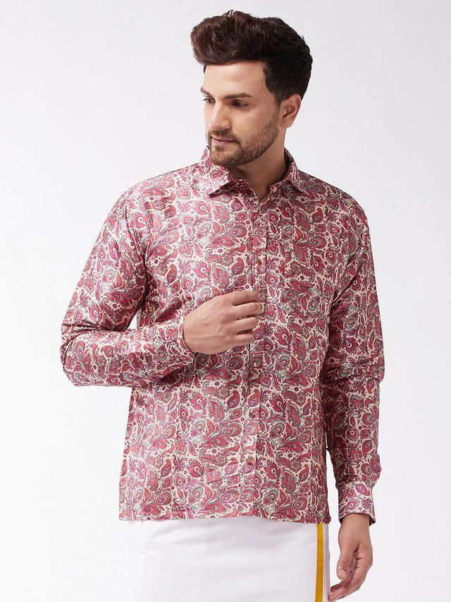 Men's MulticolorBasePink Silk Blend Straight Shirt And Mundu