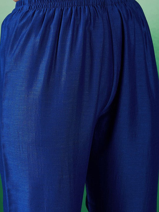 Women's Blue floral Embroidered A-Line Kurta & Trousers With Dupatta