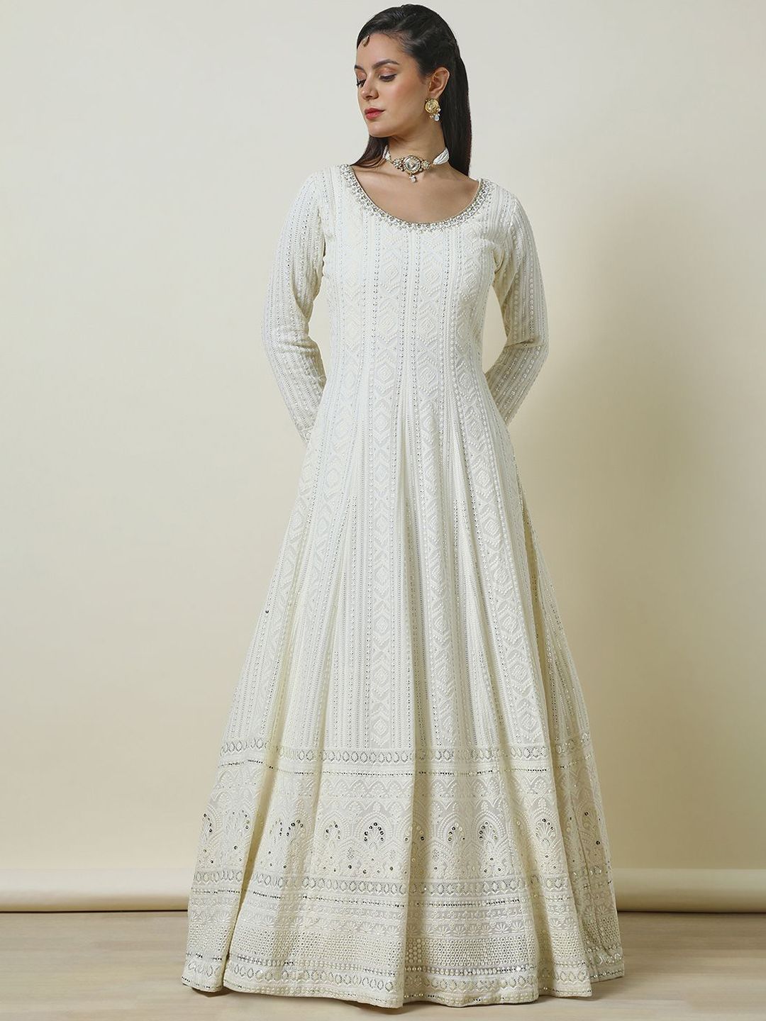 Dhiyona SO Women's Floral Embroidered Regular Sequinned Anarkali Kurta with Churidar & Dupatta