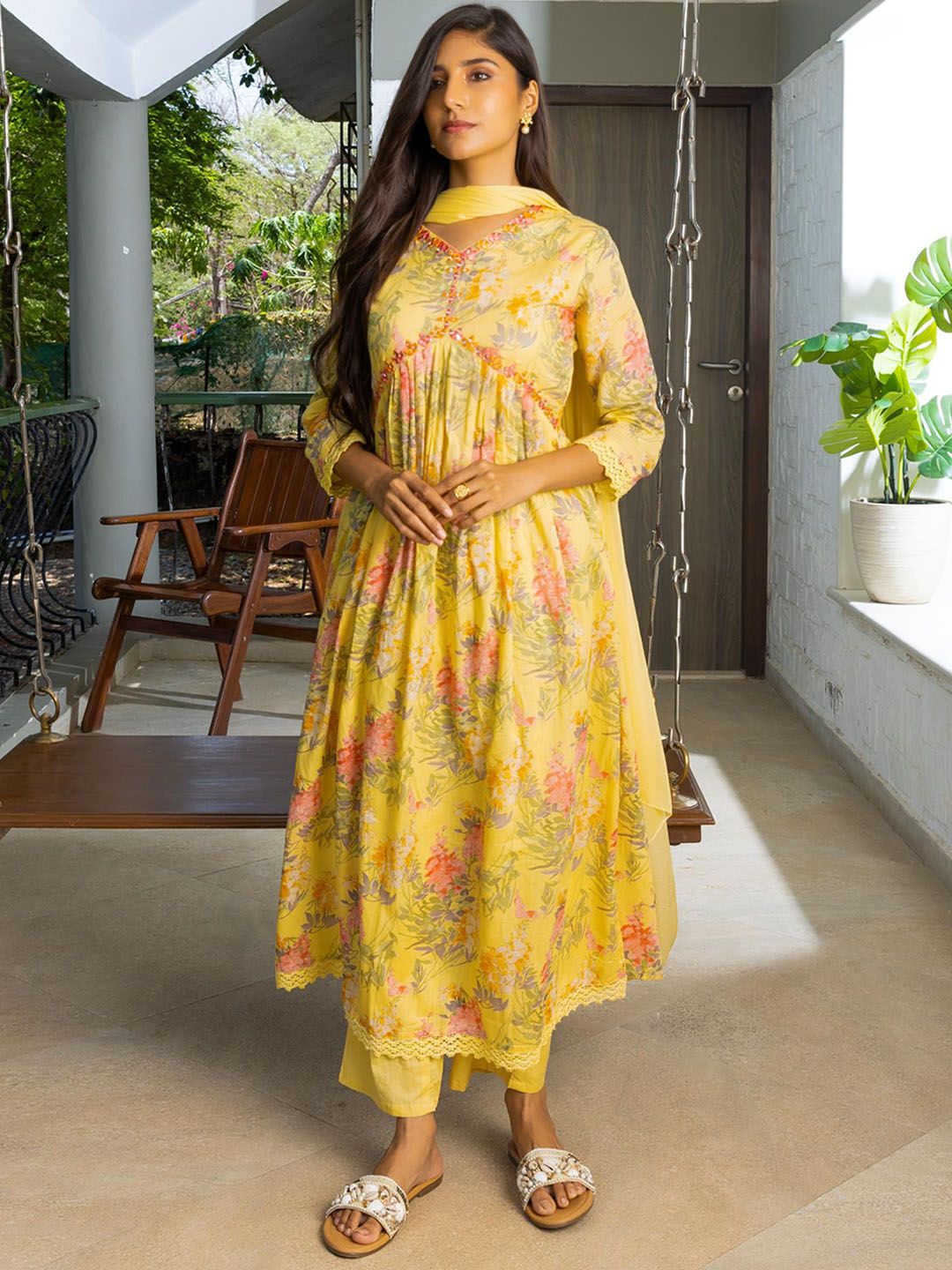 Dhiyona SN Women's Yellow Floral Printed Empire Pure Cotton Anarkali Kurta With Trousers & Dupatta