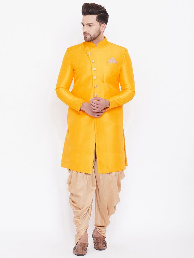Men's Mustard Silk Blend Straight Sherwani Set