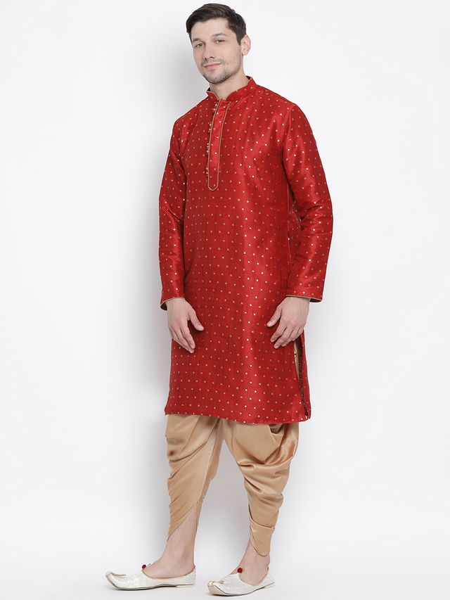 Men's Maroon Silk Blend Straight Kurta and Dhoti Set