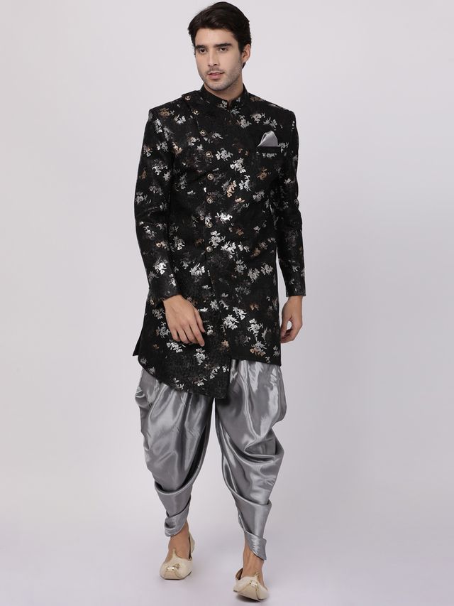 Men's Black Polyester Lurex Blend Asymmetric Sherwani Set