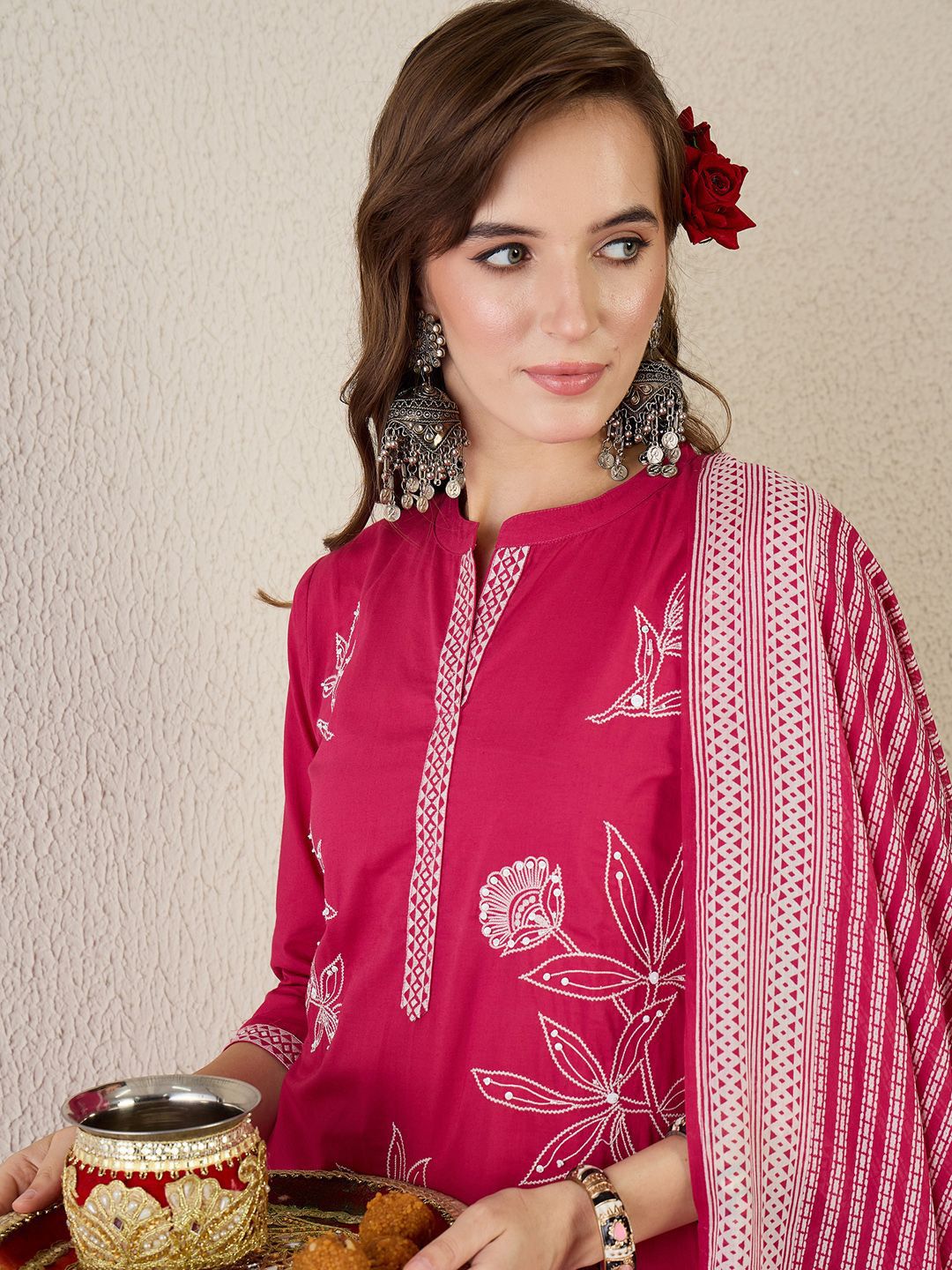 Women Embroidered Beads and Stones Pure Cotton Kurta with Trousers & Dupatta