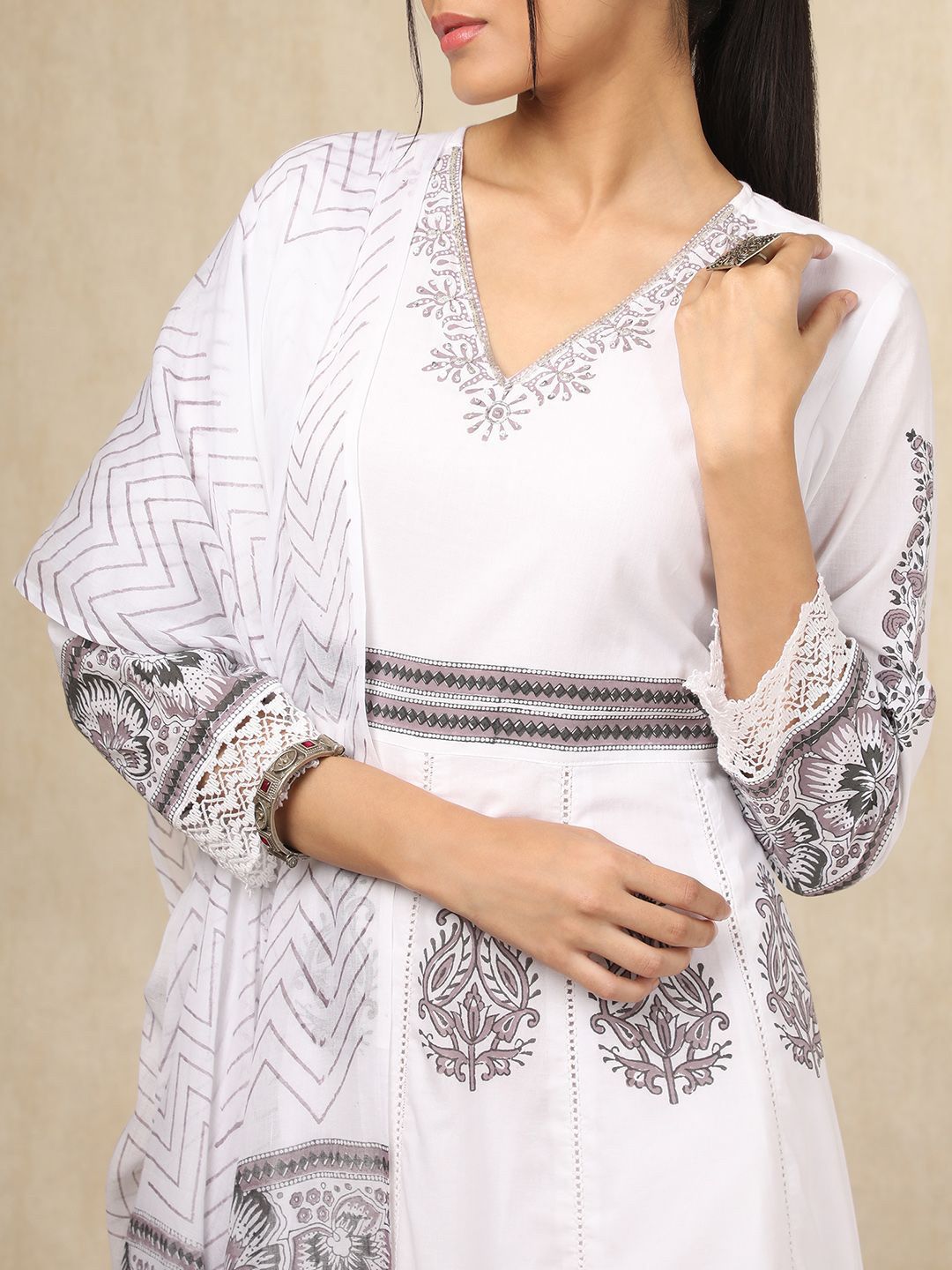 Dhiyona SO Women's Paisley Printed Sequinned V-Neck Anarkali Kurta With Trousers & Dupatta
