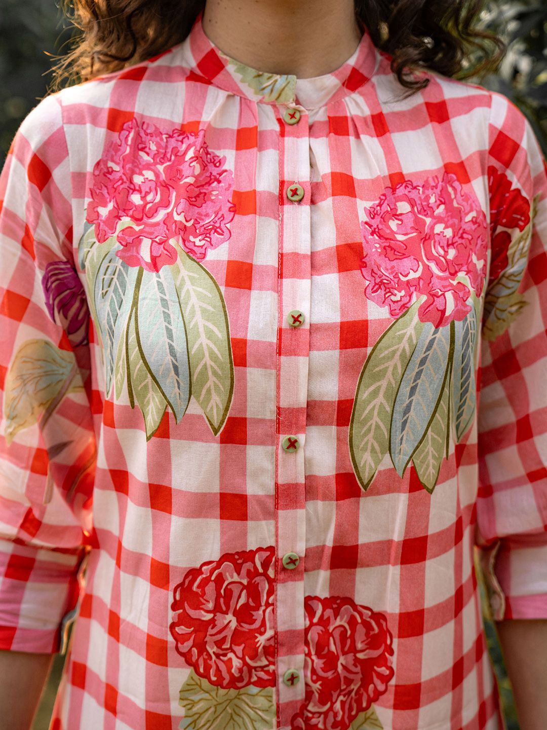 Dhiyona IE Floral Printed Mandarin Collar A-Line Pure Cotton Kurta With Trousers