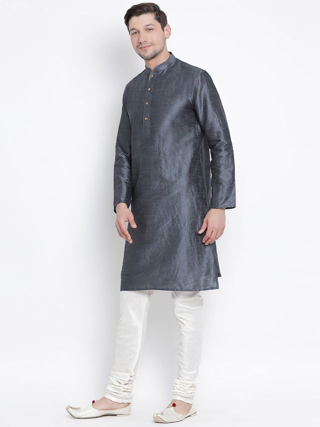 Men's Grey Silk Blend Straight Kurta Pyjama Set