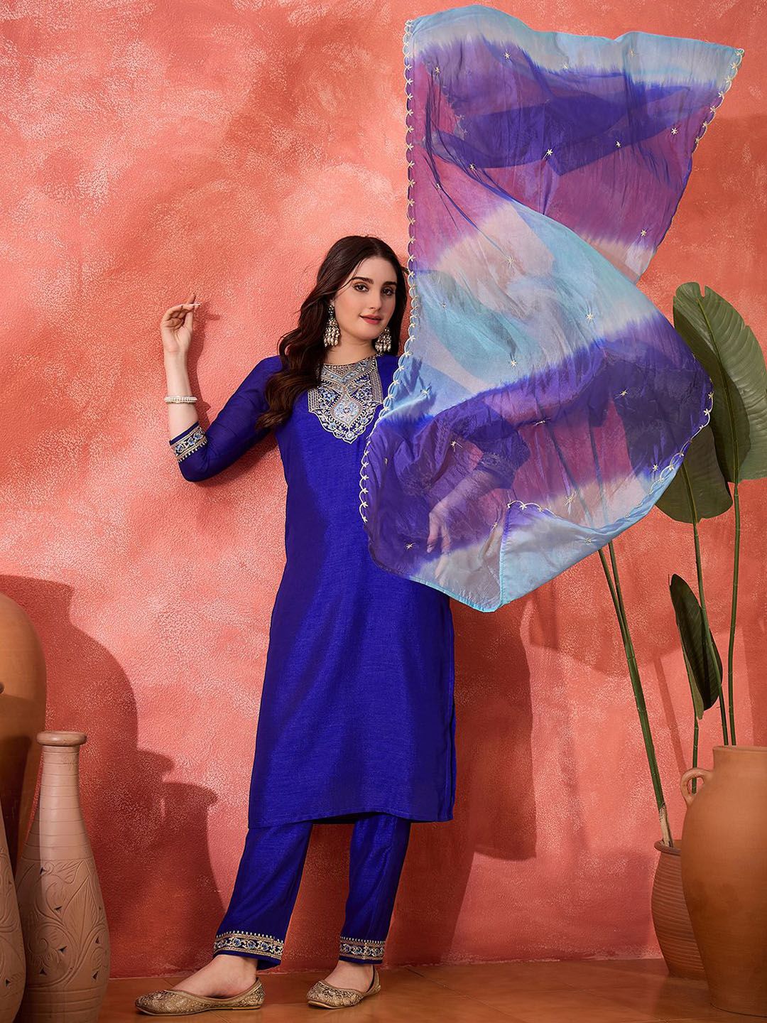 Dhiyona SN Women's Vichitra Zari Sequence Embroidered Straight Kurta & Trousers With Dupatta