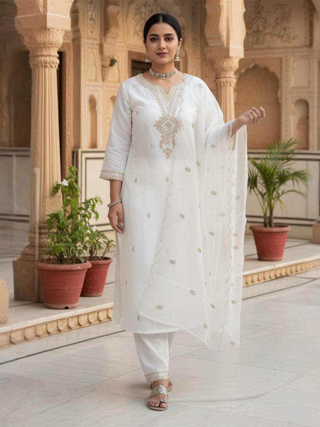 Floral Embroidered Notch Neck Sequinned Straight Kurta With Trousers & Dupatta