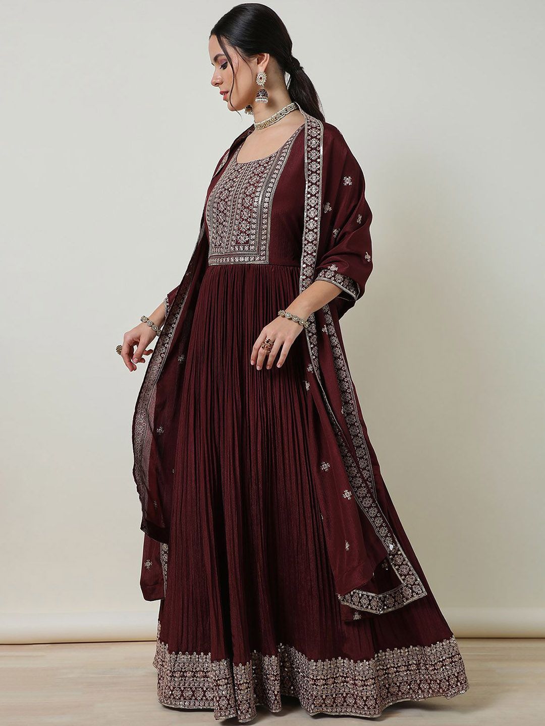 Dhiyona SO Women's Women Paisley Embroidered Angrakha Sequinned Kurta with Churidar & With Dupatta