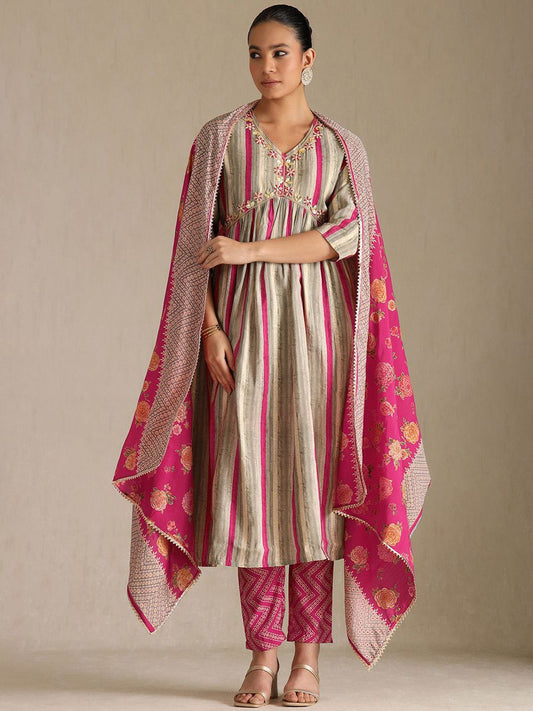 Dhiyona SO Women's Striped V-Neck Beads & Stones Empire Anarkali Kurta With Trousers & Dupatta