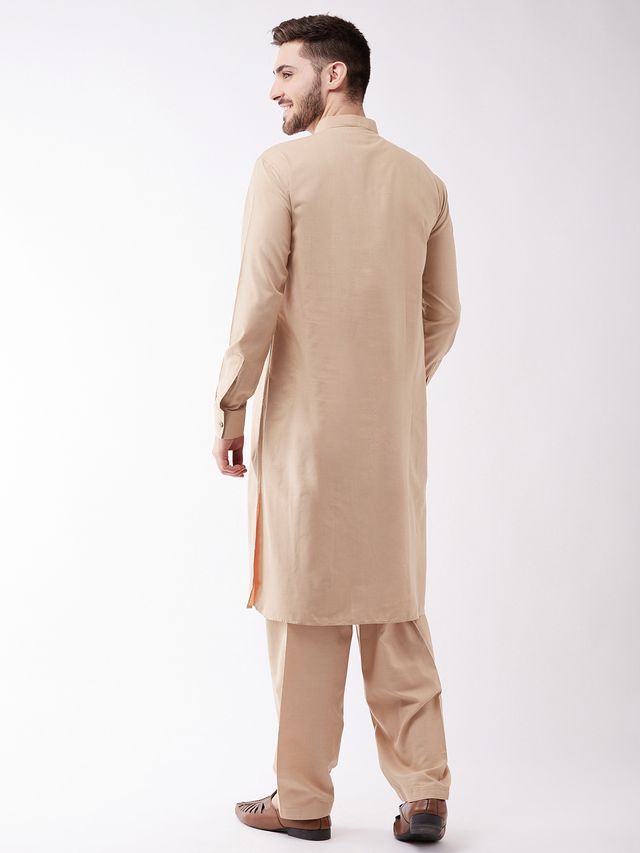 Men's Chiku Cotton Blend Pathani Kurta and Patiala Set