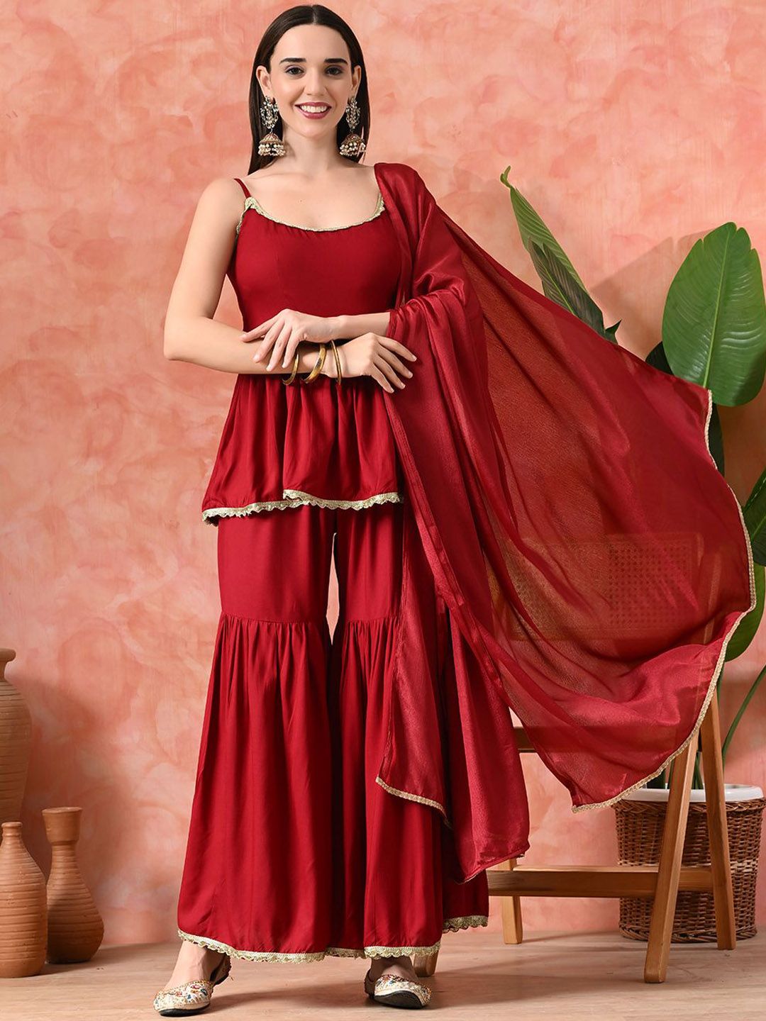 Dhiyona SN Women's Round Neck A-Line Kurti With Sharara & Dupatta