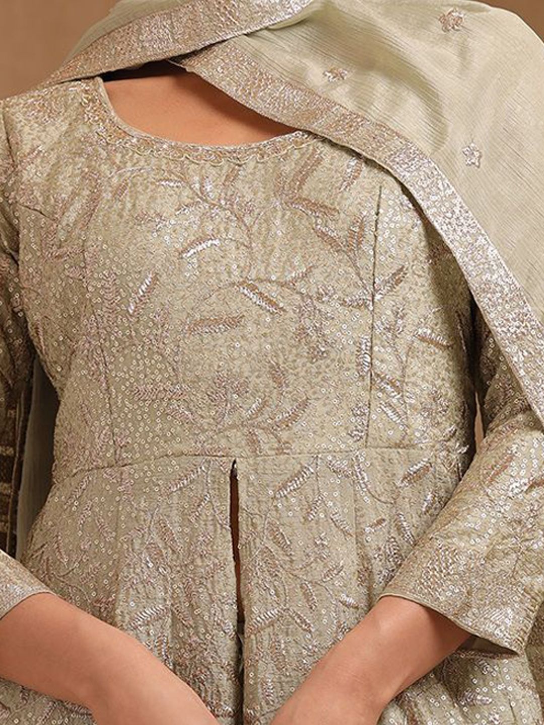 Dhiyona SO Women's Alina Cut Floral Embroidered Empire Sequinned Anarkali Kurta With Palazzo & Dupatta