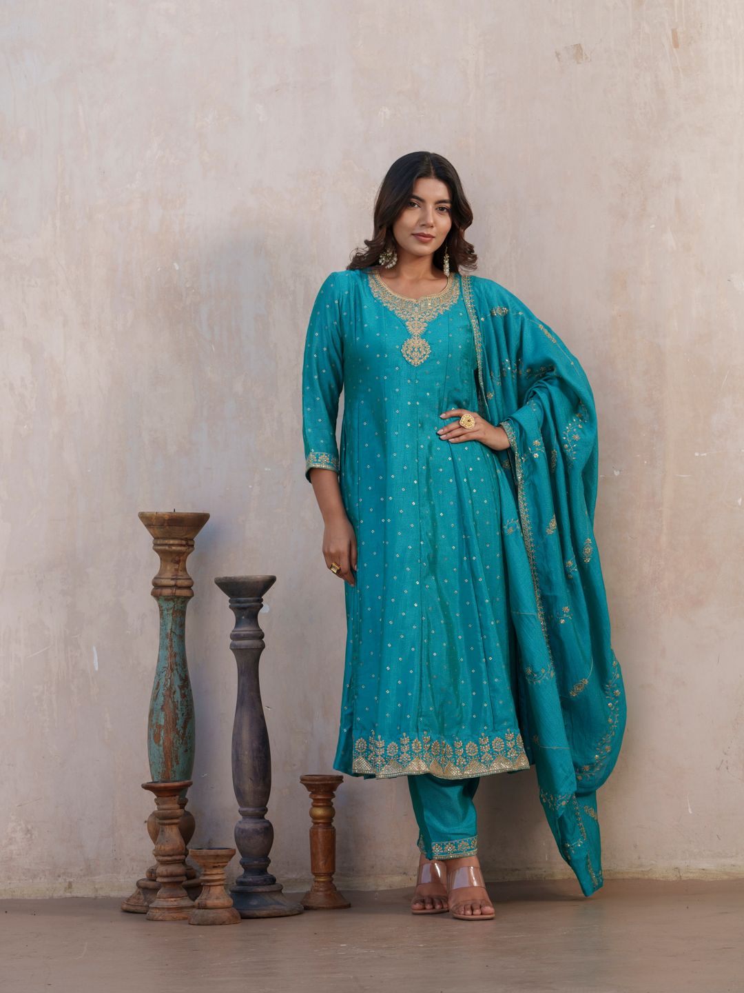 Dhiyona PD Women Bandhani Printed Panelled Anarkali Kurta With Trouser & Dupatta