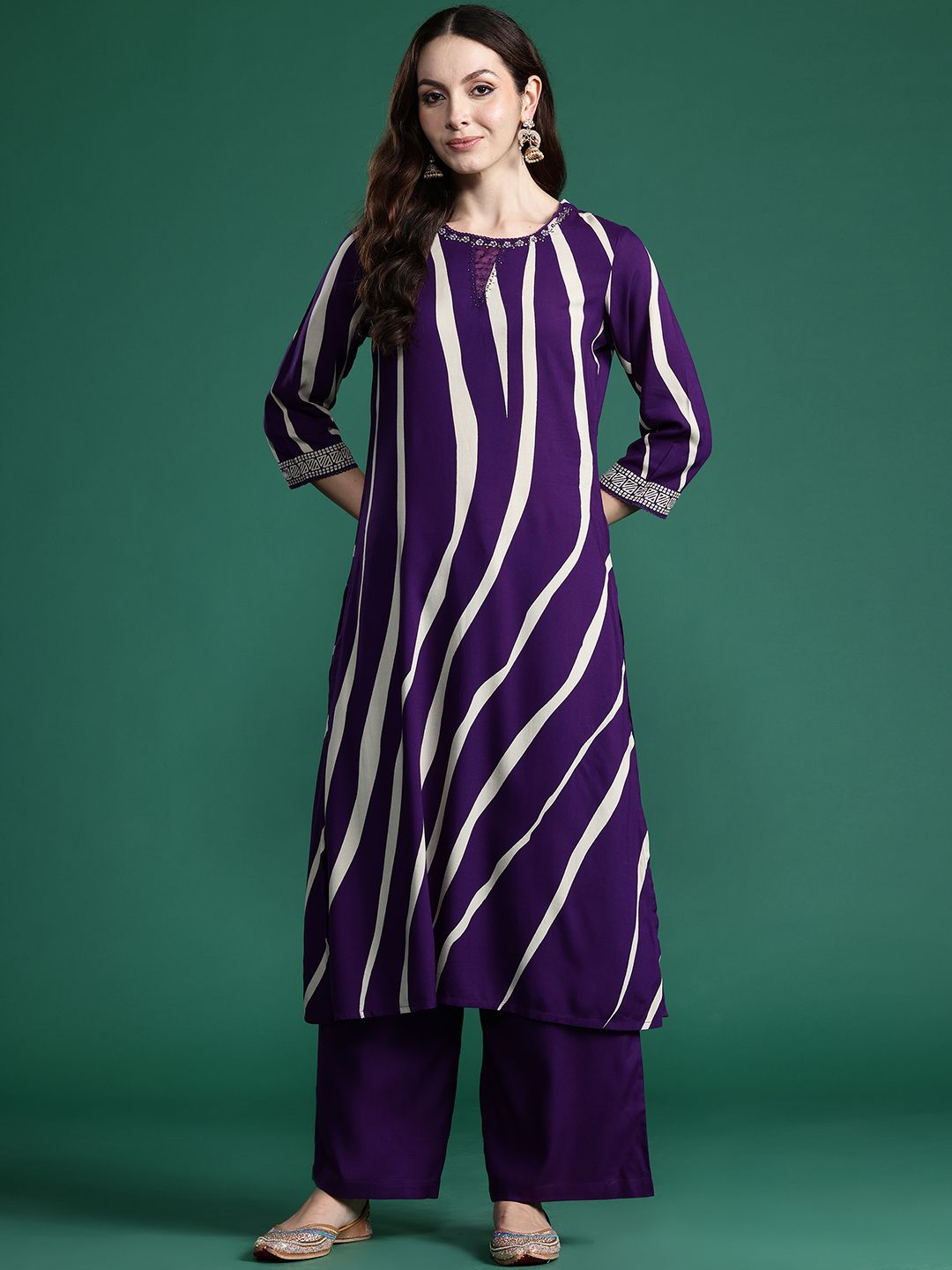 Dhiyona IE Printed Beads and Stones Kurta with Palazzos