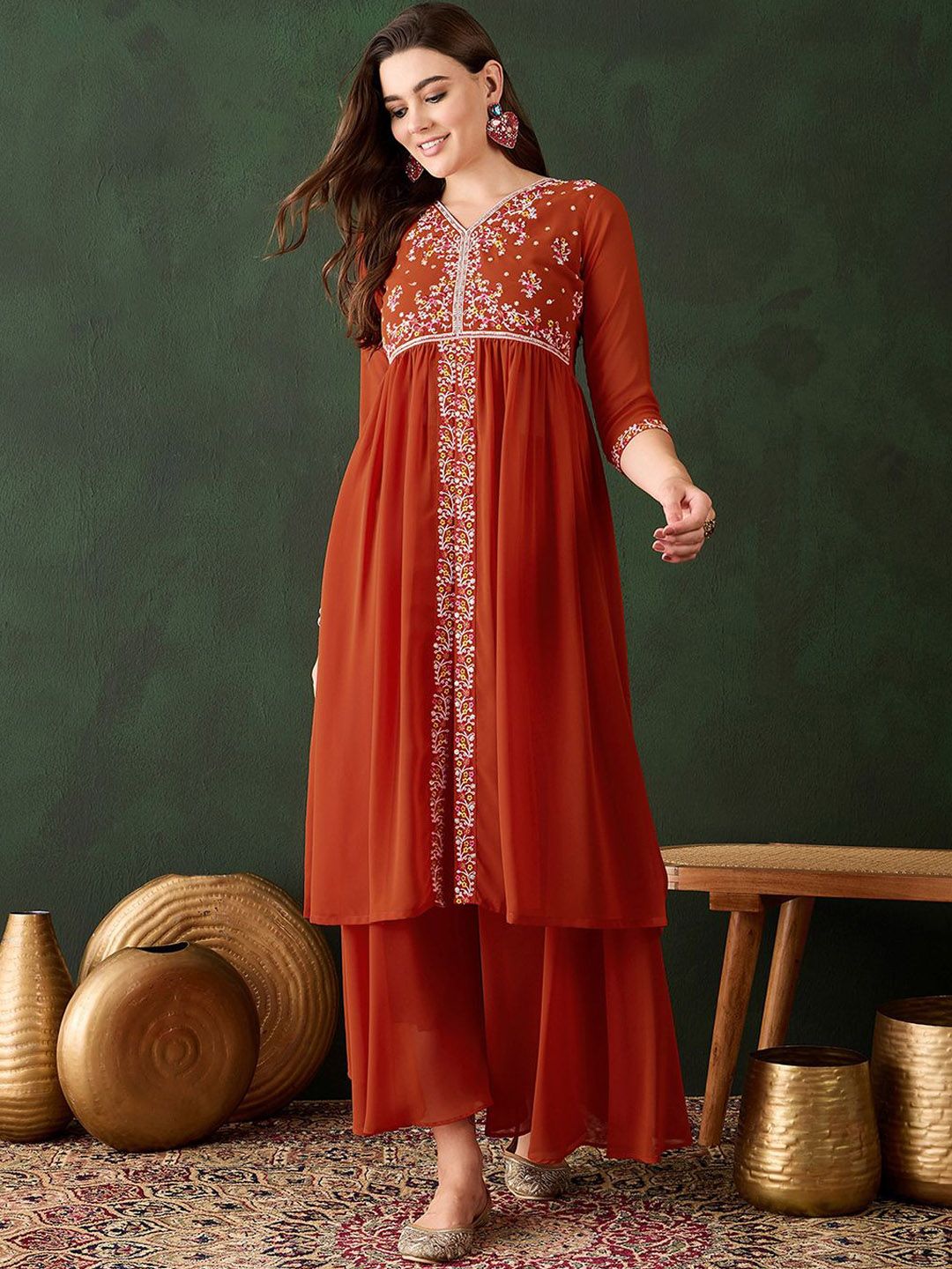 Dhiyona SN Women's Embroidered A-Line Kurta With Palazzos