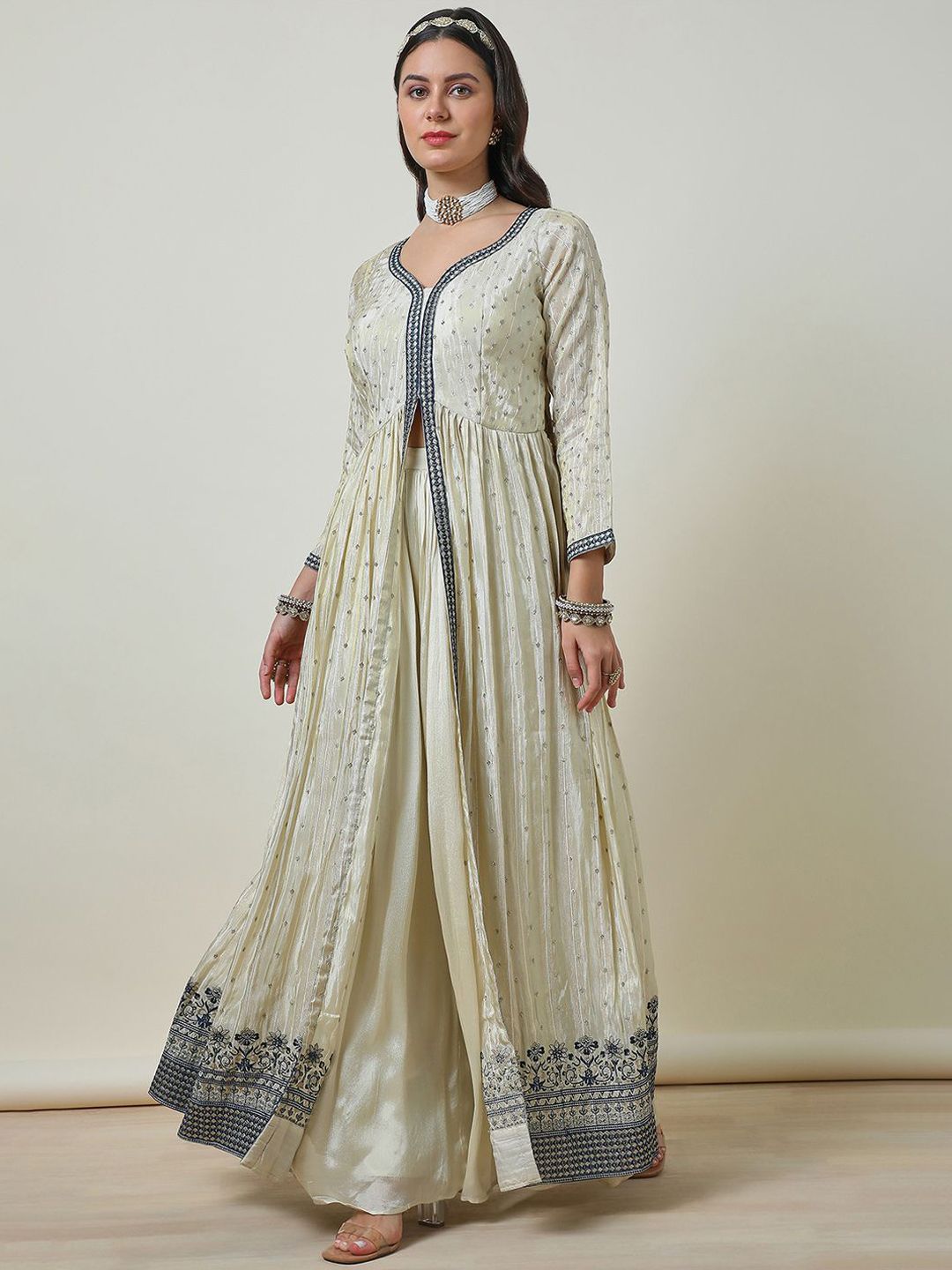 Dhiyona SO Women's Alina Cut Beige Embroidered V-Neck Thread Work Tissue Anarkali Kurta With Palazzos & Dupatta