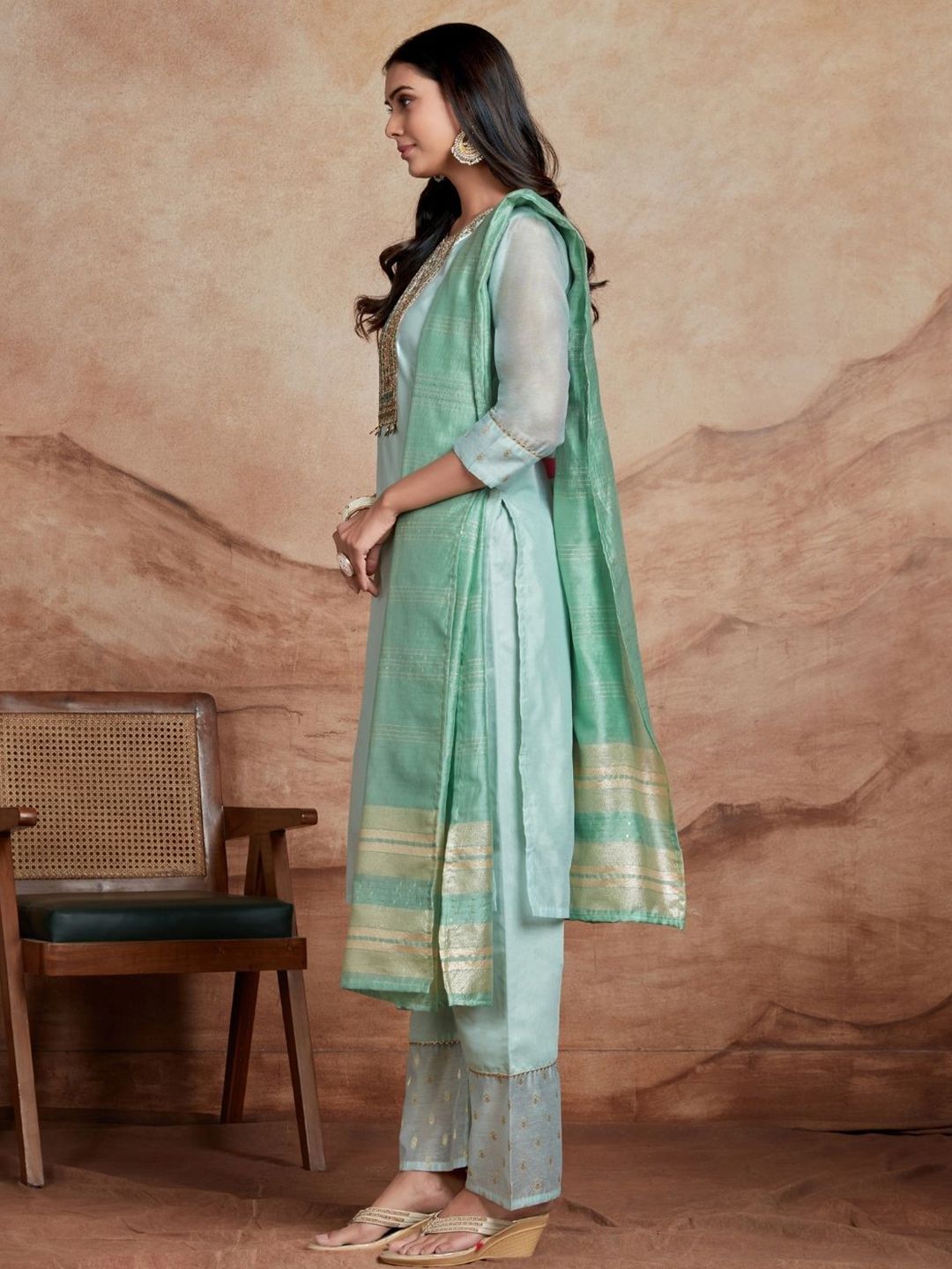 Dhiyona SN Women's Floral Embroidered Sequinned Chanderi Silk Straight Kurta & Palazzo With Dupatta