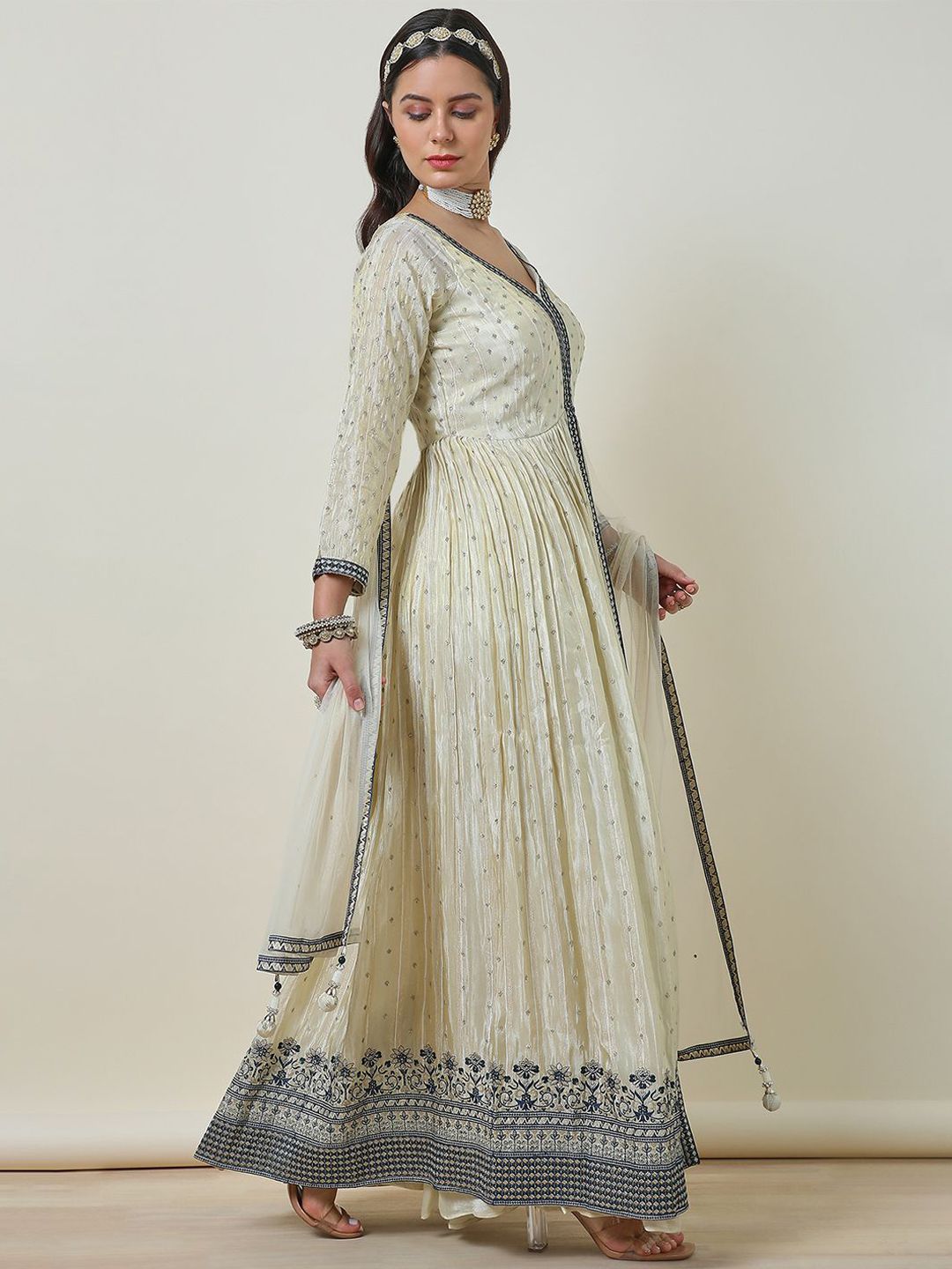 Dhiyona SO Women's Alina Cut Beige Embroidered V-Neck Thread Work Tissue Anarkali Kurta With Palazzos & Dupatta