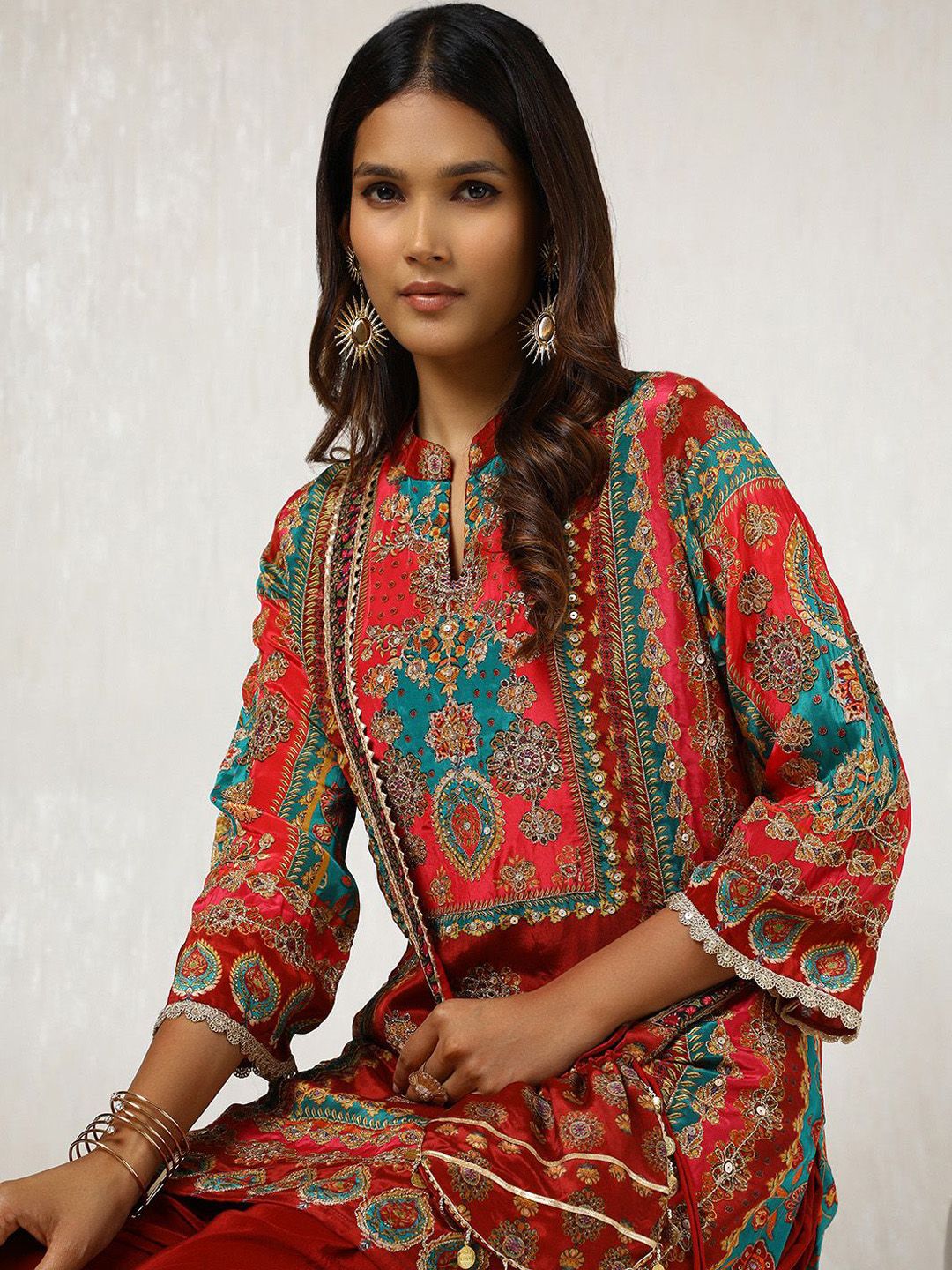 Dhiyona SO Women's Ethnic Motifs Printed Sequinned A Line Kurta with Dhoti Pants