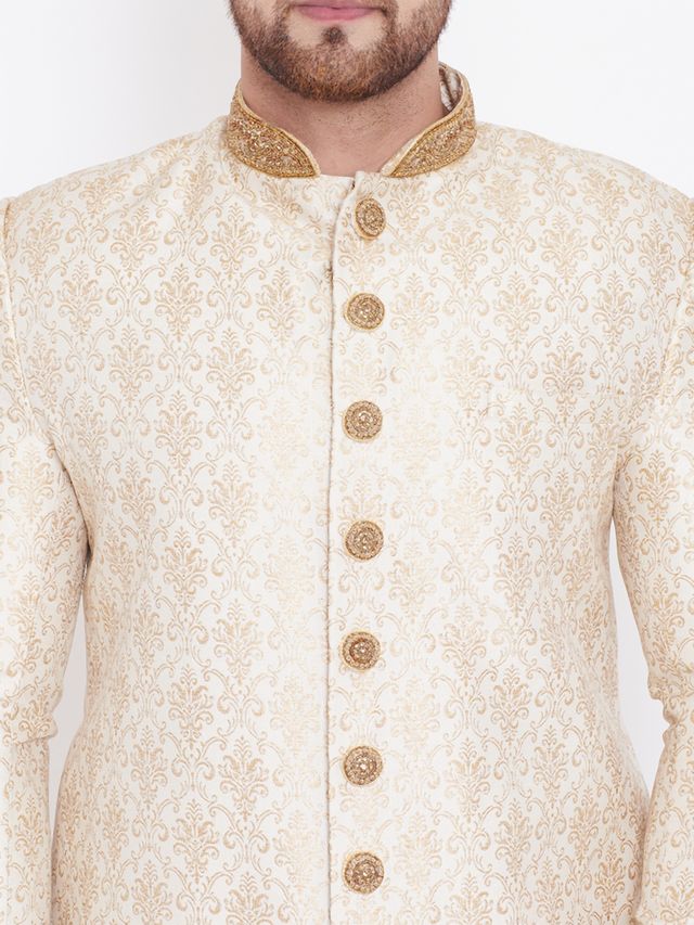 Men's Beige And Gold Silk Blend Straight Sherwani Set