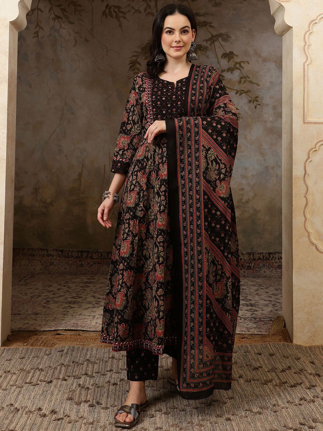 Dhiyona SN Women's Black Floral Printed Pure Cotton Anarkali Kurta With Trousers & Dupatta
