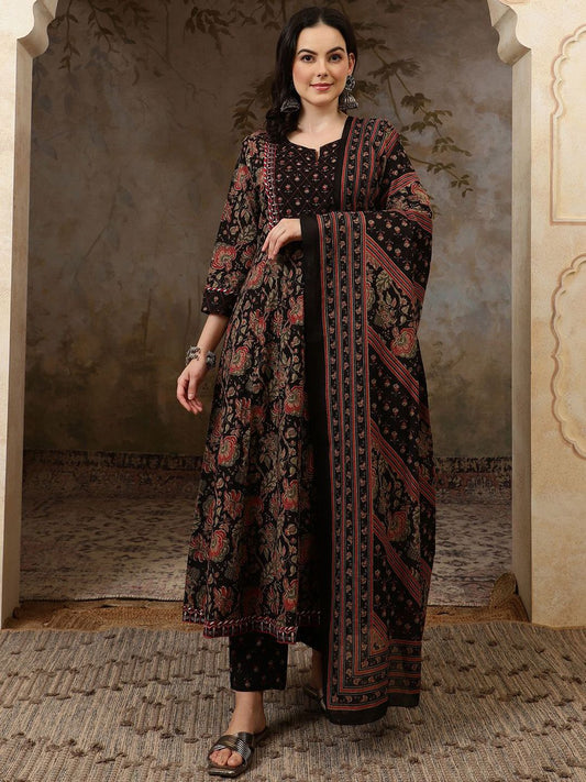 Dhiyona SN Women's Black Floral Printed Pure Cotton Anarkali Kurta With Trousers & Dupatta